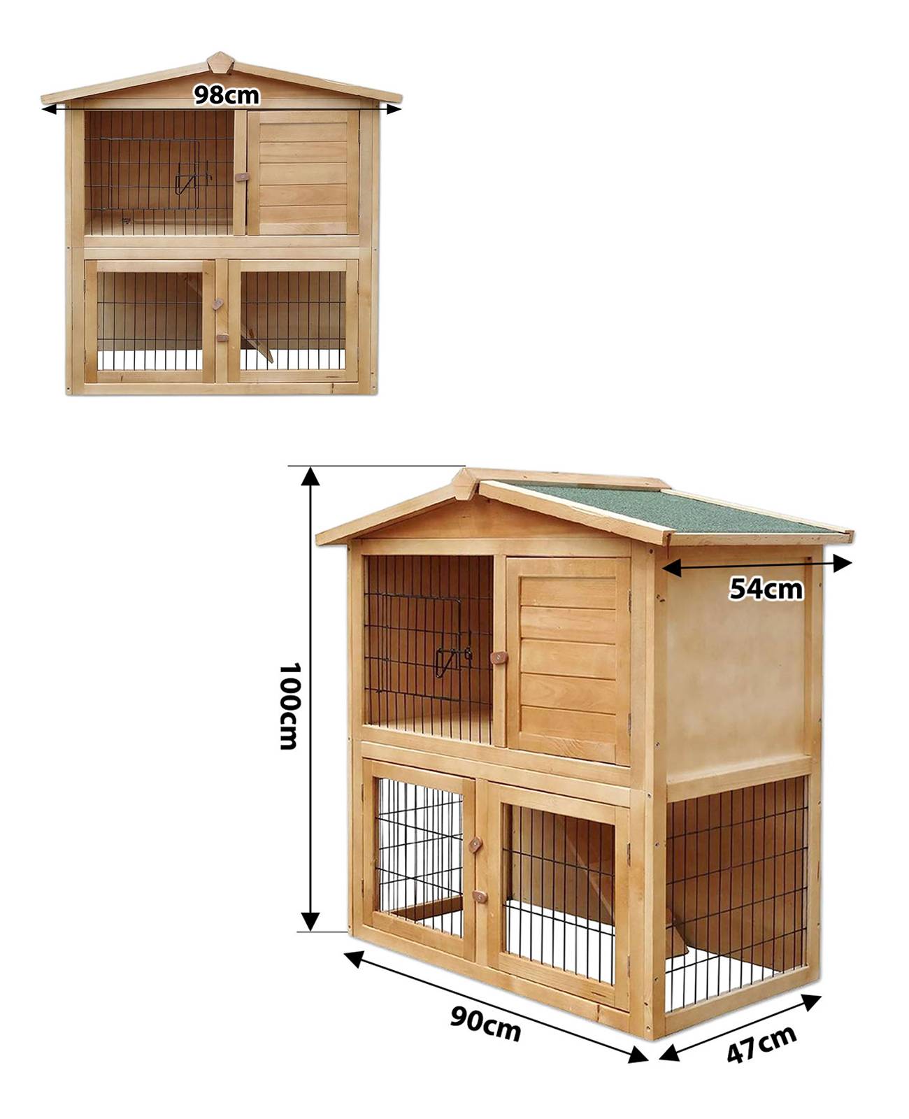 lionto Kaninchenstall, zweistöckiger Kleintierstall aus Tannenholz mit Rampe, 4 Türen & Bitumendach, wetterfest & sicher, 98x54x100 cm