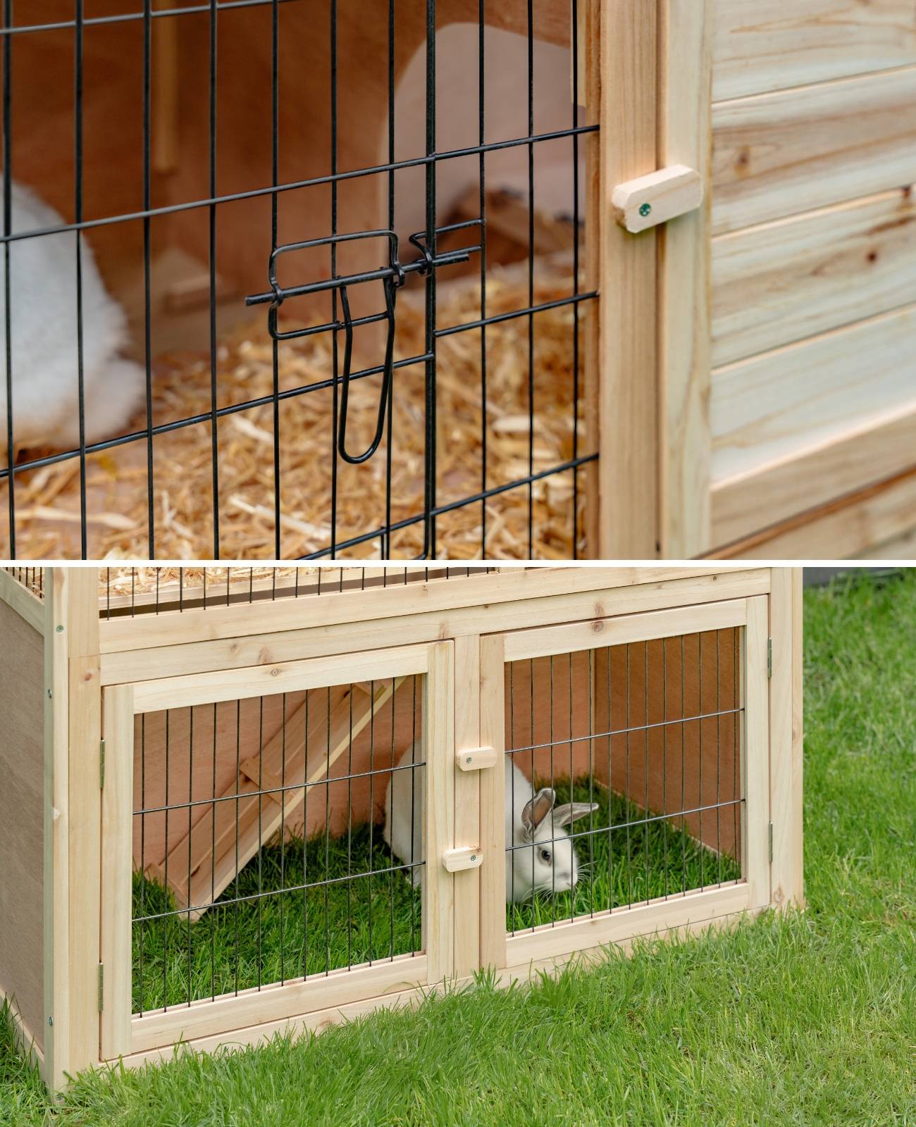 lionto Kaninchenstall, zweistöckiger Kleintierstall aus Tannenholz mit Rampe, 4 Türen & Bitumendach, wetterfest & sicher, 98x54x100 cm