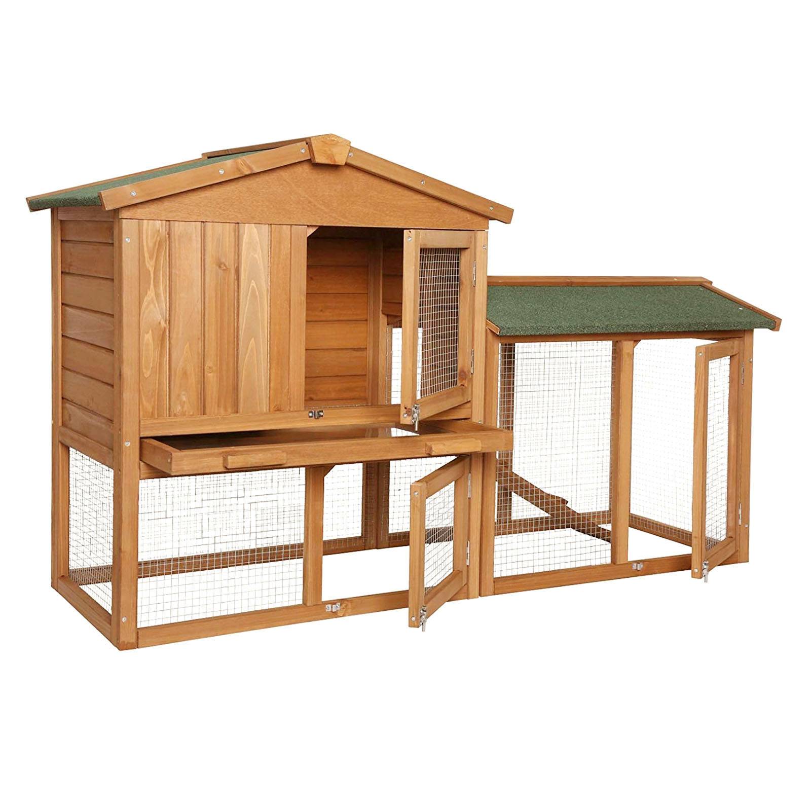 lionto Kleintierstall, zweistöckiger Hasenstall aus Tannenholz mit Rampe, Schublade & Bitumendach, 147x52x85 cm