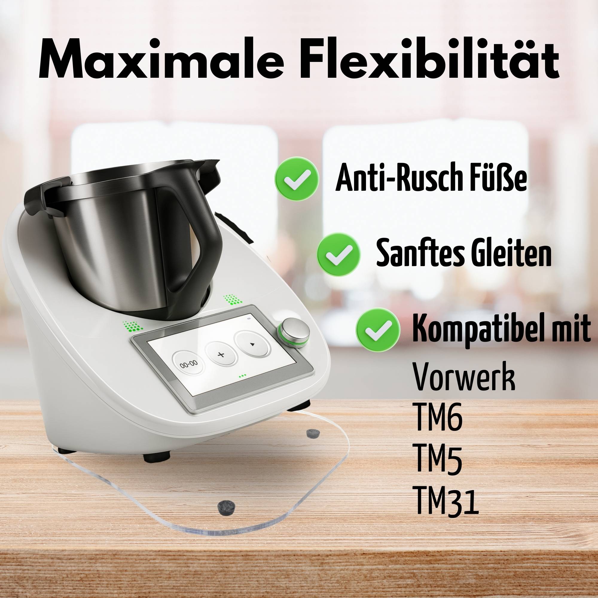 Gleitbrett für Thermomix TM6 TM5 TM31 Rollbrett Unterlage Acryl für Thermomix Gleiter für müheloses Verschieben + Anti-Rutsch Füße