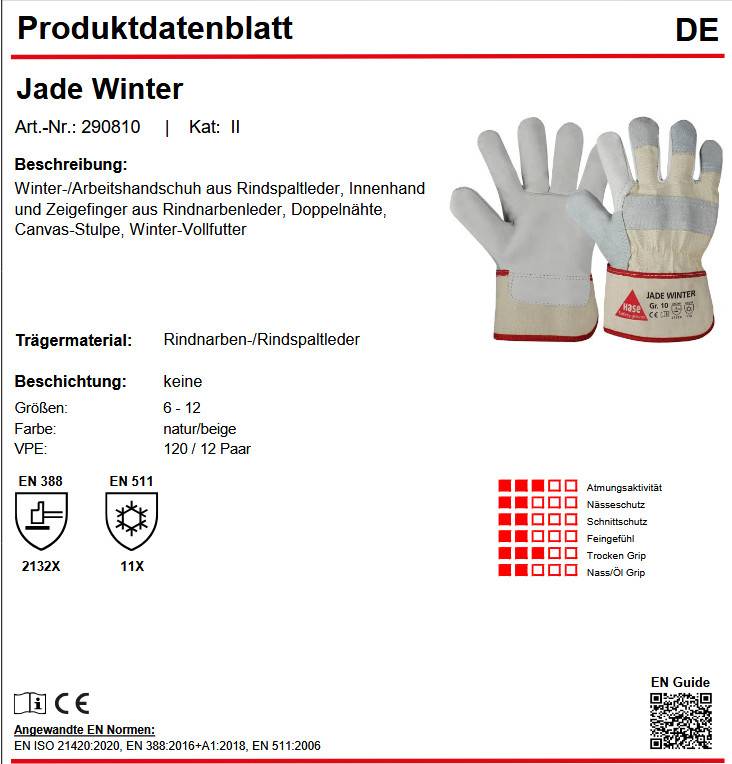 Hase Jade Winter Arbeitshandschuh aus Rindspaltleder Stulpe 120 Paar Gr 6