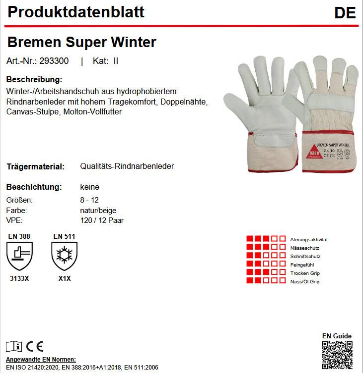 Hase Bremen Super Winter Arbeitshandschuh Leder Vollfutter 12 Paar Gr 8