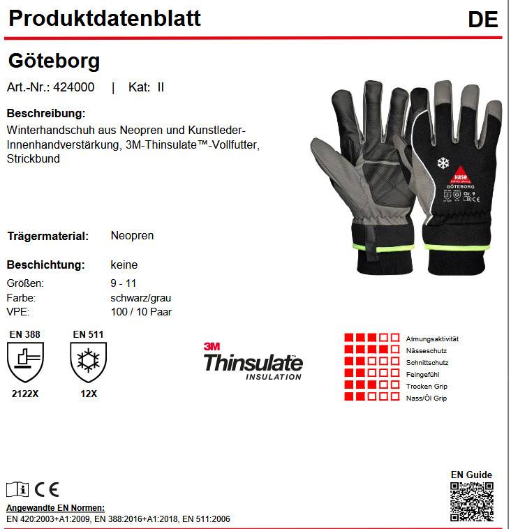 Hase Göteborg Winterhandschuh Neopren Strickbund Kunstleder 100 Paar Gr 9