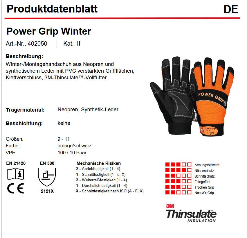 Hase Power Grip Winter 402050 Winterhandschuhe Leder mit PVC 10 Paar Gr 9