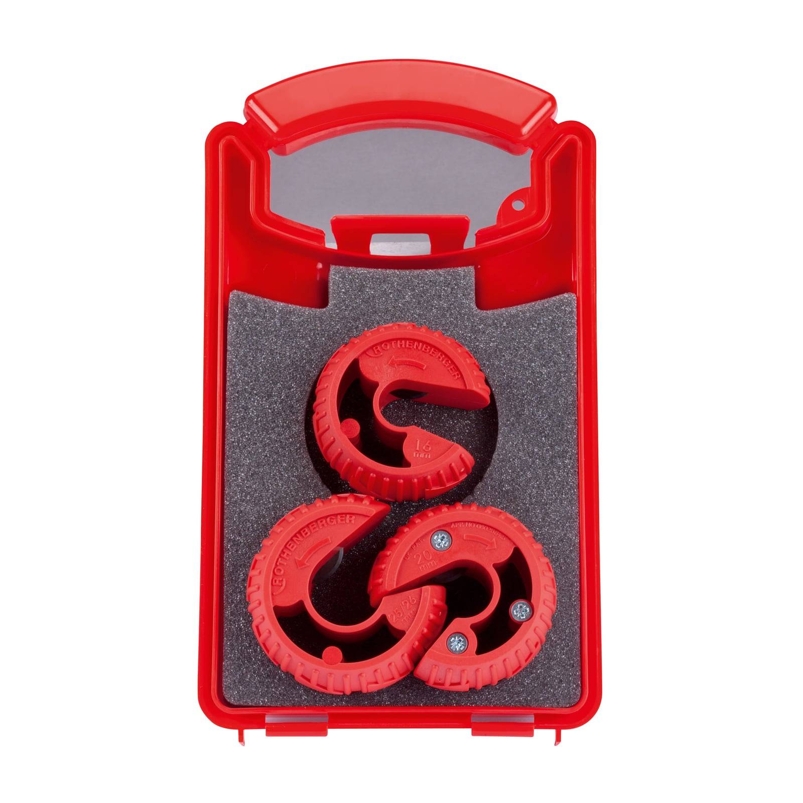 Roter Rohrabschneider-Satz mit drei verschiedenen Größen in einem grauen Schaumstoffeinsatz in einer roten Plastikbox.