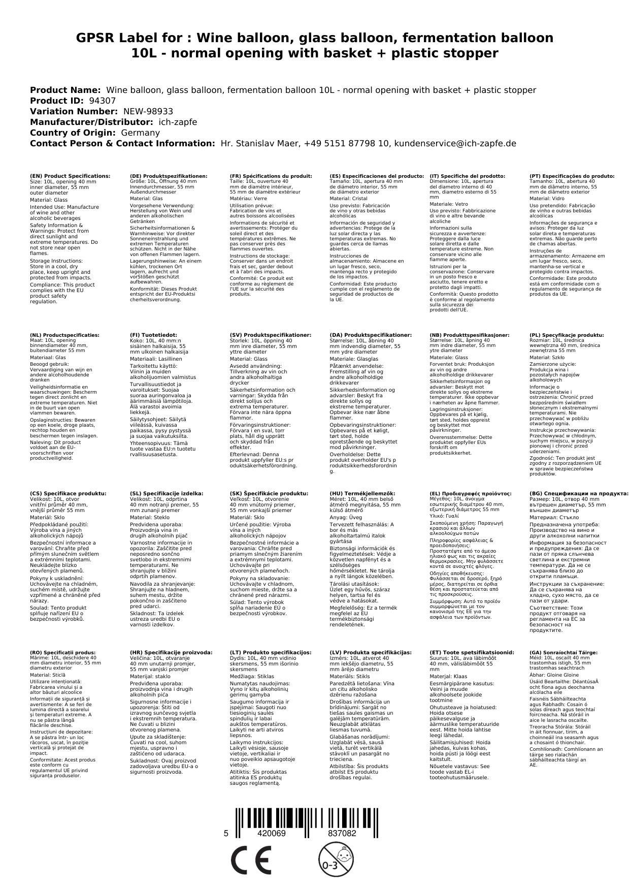 Weinballon, Glasballon, Gärballon 10L - normale Öffnung mit Korb + Kunststoffstopfen