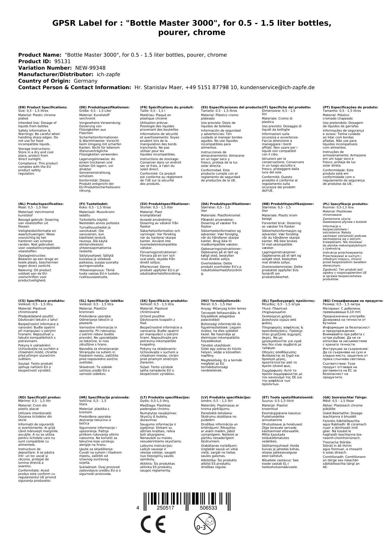 Dosiergerät "Bottle Master 3000", für 0,5 - 1,5 Liter Flaschen, Ausgießer, verchromt