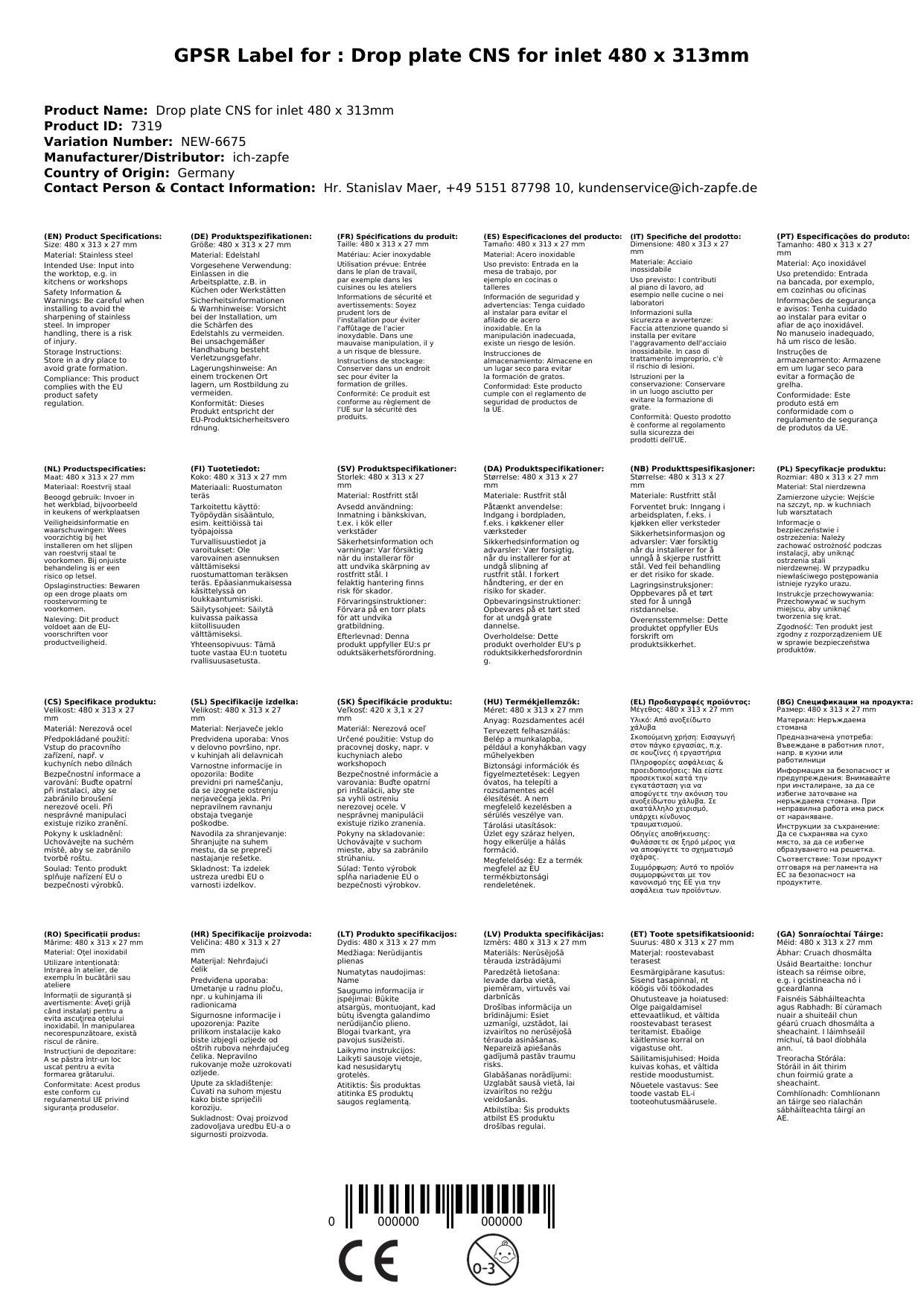 Tropfblech CNS zum Einlassen 480 x 313mm
