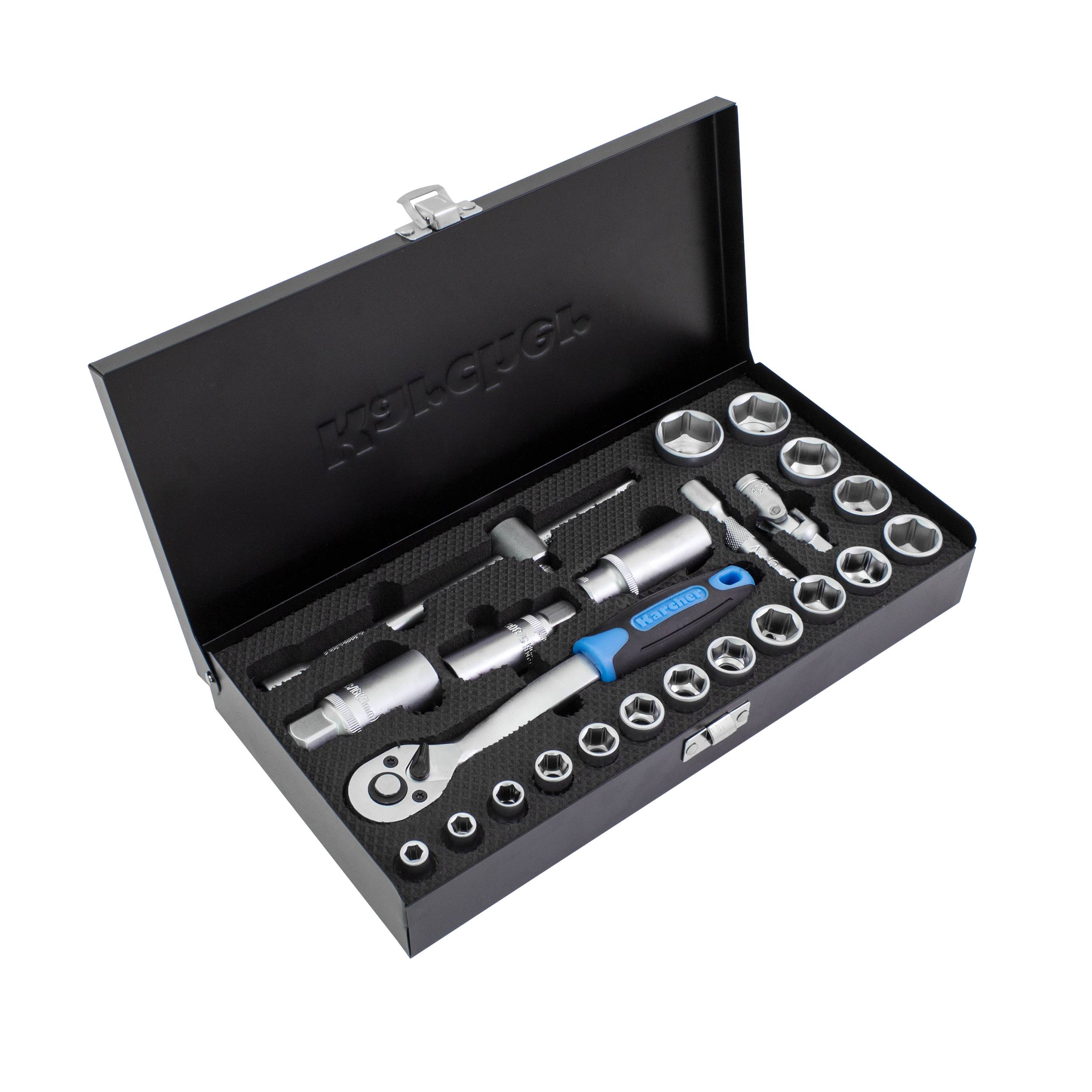 Karcher Steckschlüsselsatz 24-teilig 3/8" - hochwertiger Ratschenkasten mit Werkzeug aus Chrom Vanadium