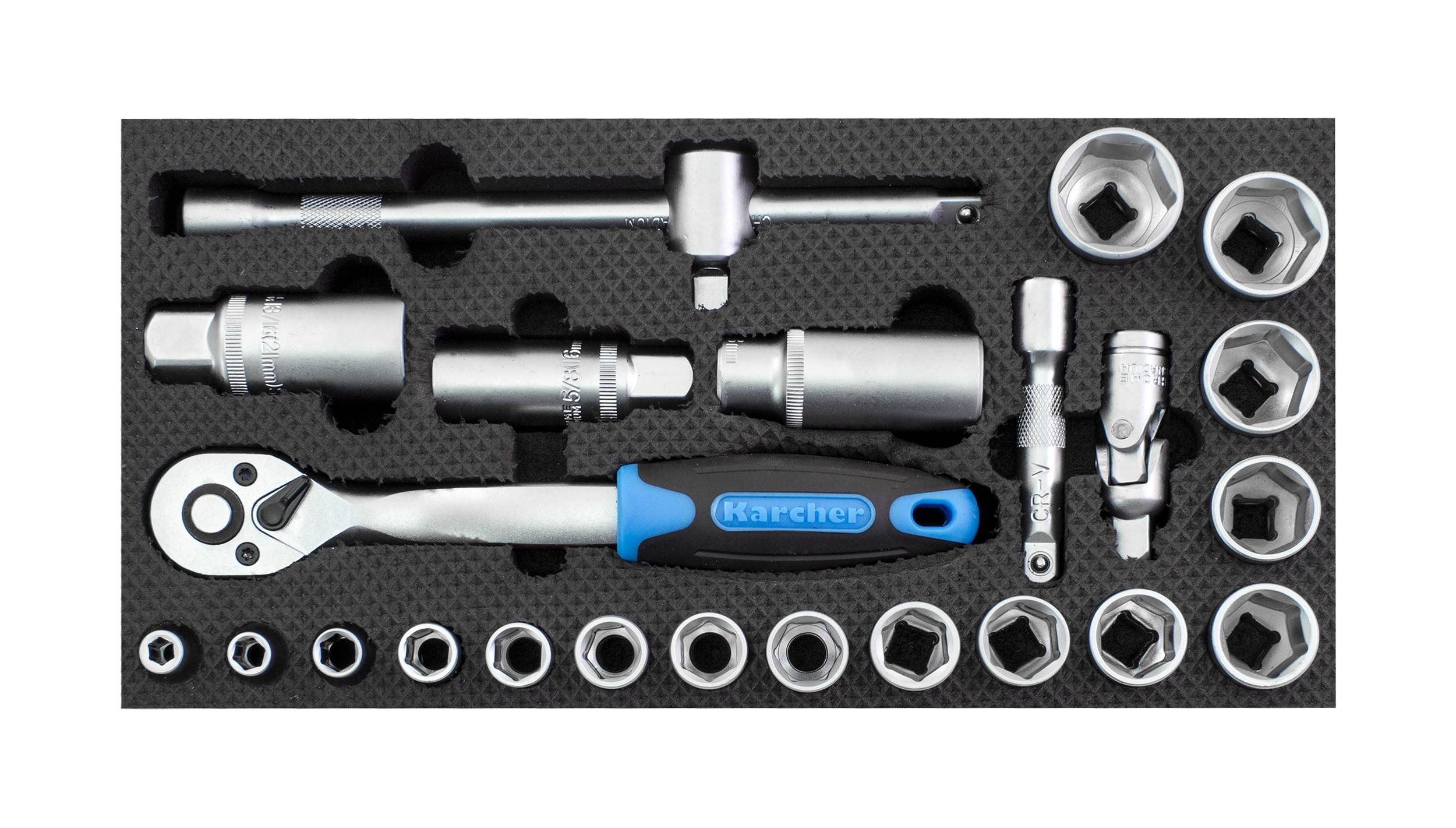 Karcher Steckschlüsselsatz 24-teilig 3/8" - hochwertiger Ratschenkasten mit Werkzeug aus Chrom Vanadium