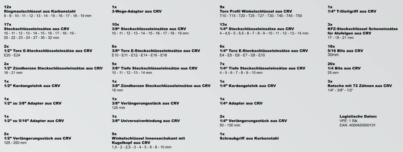 Karcher Steckschlüsselsatz 157-teilig 1/4" + 3/8" + 1/2" Ratschenkasten, Werkzeug aus Chrom Vanadium