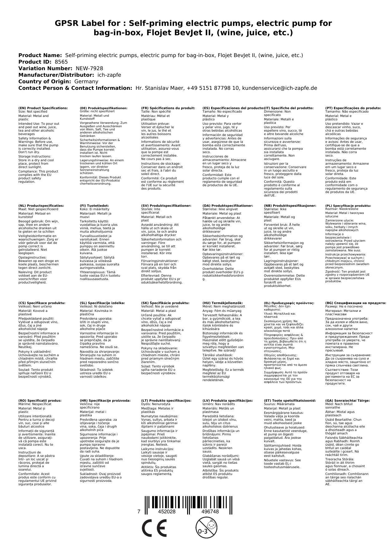 Selbstansaugende Elektrische pumpe, Elektropumpe für Bag-in-Box, Flojet BevJet II, (Wein, Saft, etc.)