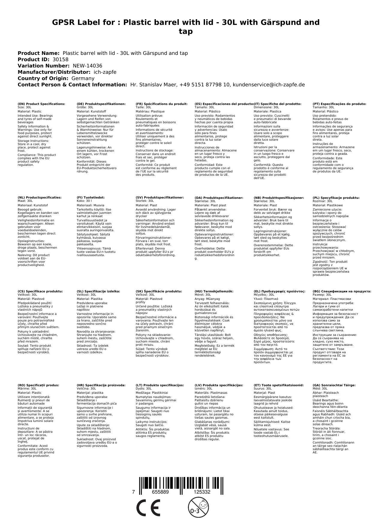 Fass kunststoff, Plastikfass mit deckel - 30L mit Gärspund and Zapfhahn