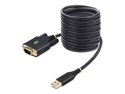 Ein aufgerolltes, schwarzes USB-zu-VGA-Adapterkabel mit einem USB-Anschluss an einem Ende und einem VGA-Anschluss am anderen Ende, das zur Geräteverbindung verwendet wird.