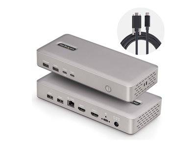 Eine silberne Dockingstation mit mehreren Anschlüssen, darunter USB-C, HDMI und Ethernet. Ein eingesetztes Bild zeigt zwei USB-C-Kabel.