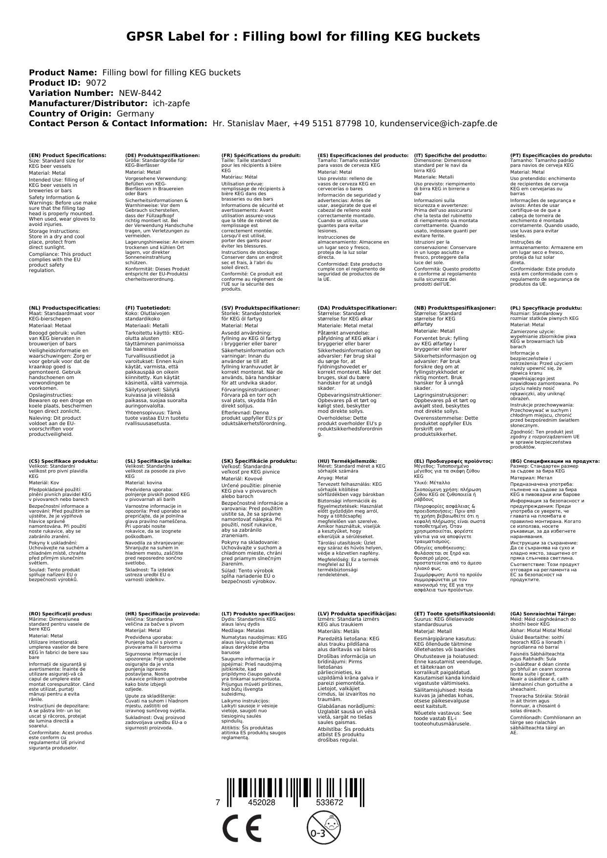 Füllzapfkopf zum Befüllen von KEG-Bierfässern, Ausführung: KORB Füllzapfkopf