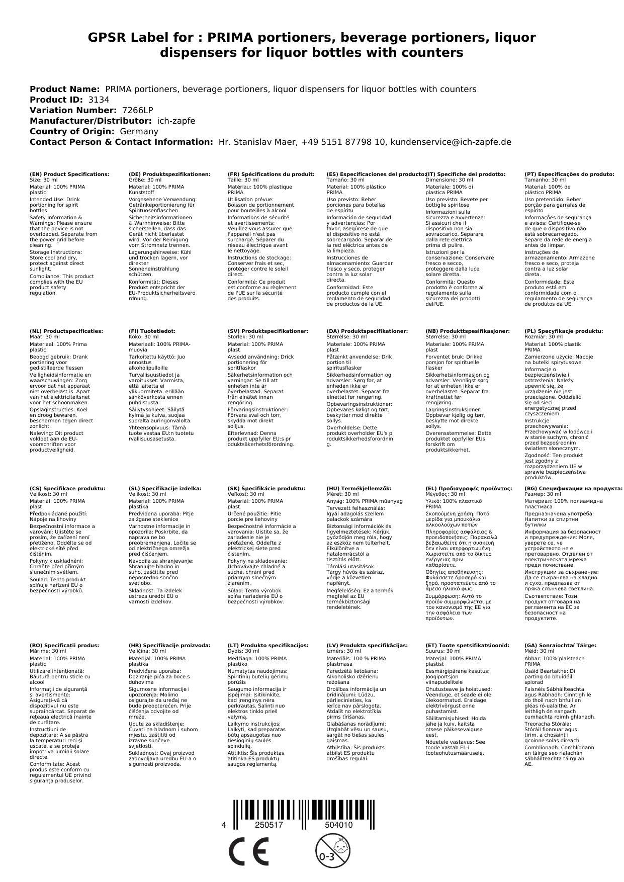 PRIMA Portionierer, Getränkeportionierer, Schnapsspender für Spirituosenflaschen mit Zählwerk, Ausschankmenge: 30 ml