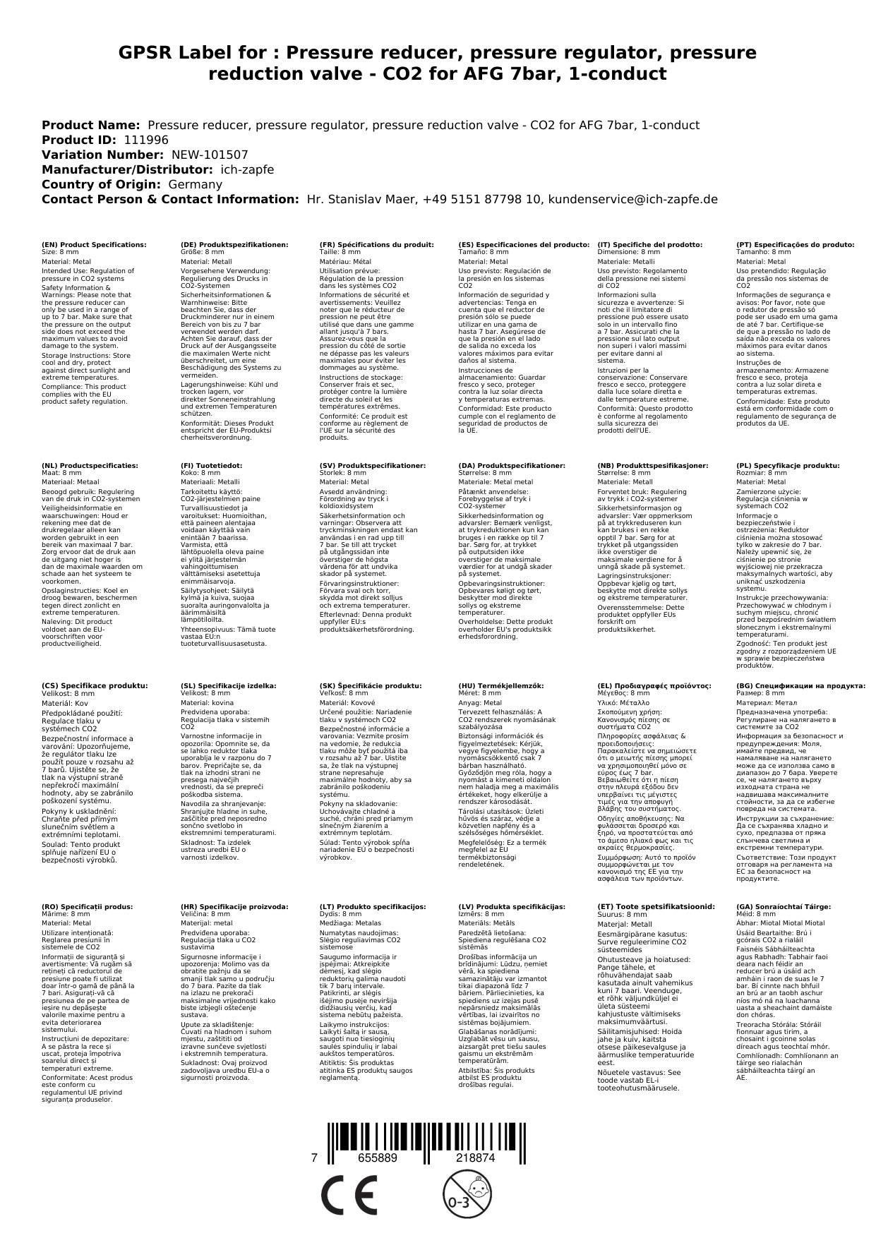 Druckminderer, Druckregler, Druckreduzierventil - CO2 für AFG 7bar, 1-leitig, Gewinde: John Guest 8 mm