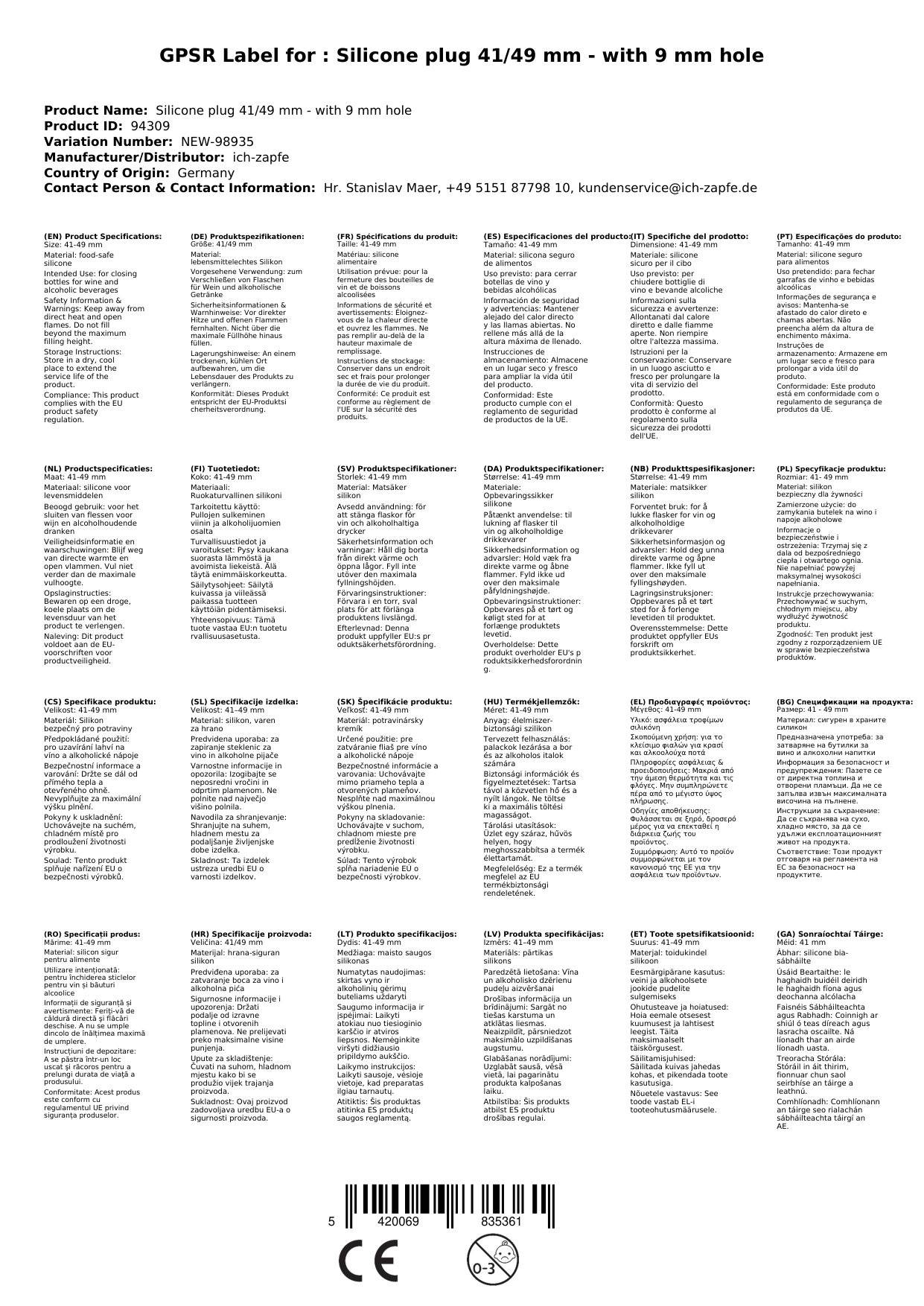 Silikonstopfen 41/49 mm - mit 9 mm Loch