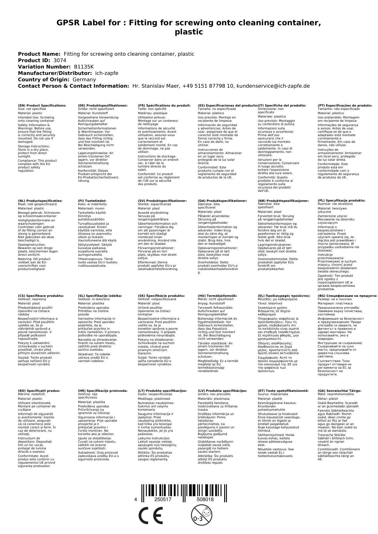 Fitting zum Aufschrauben auf Reinigungsbehälter, Kunststoff, Art: Köpi - Fitting