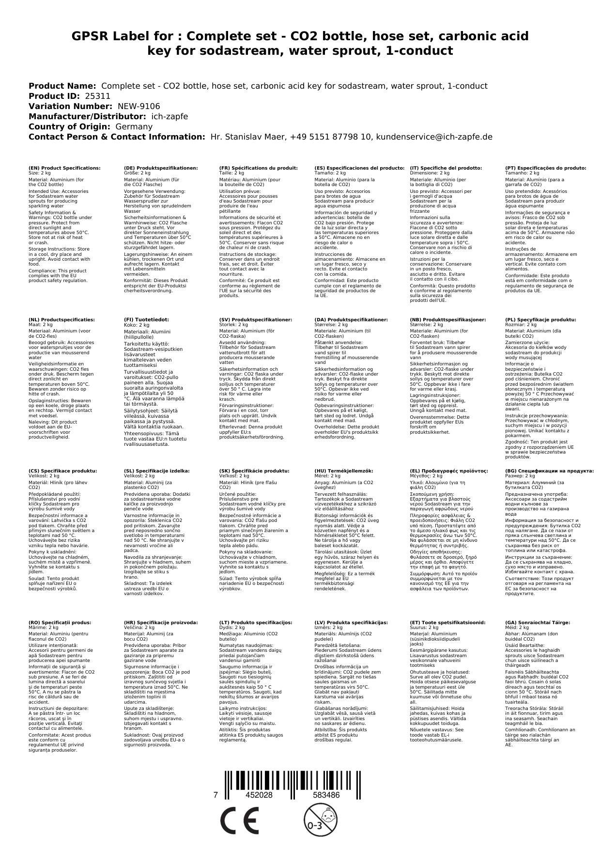 Komplett set - CO2 Flasche, Schlauch Set, Kohlensäureschlüssel für Sodastream, Wassersprudler, 1-leitig, CO2 Flaschen: CO2 - 2 kg