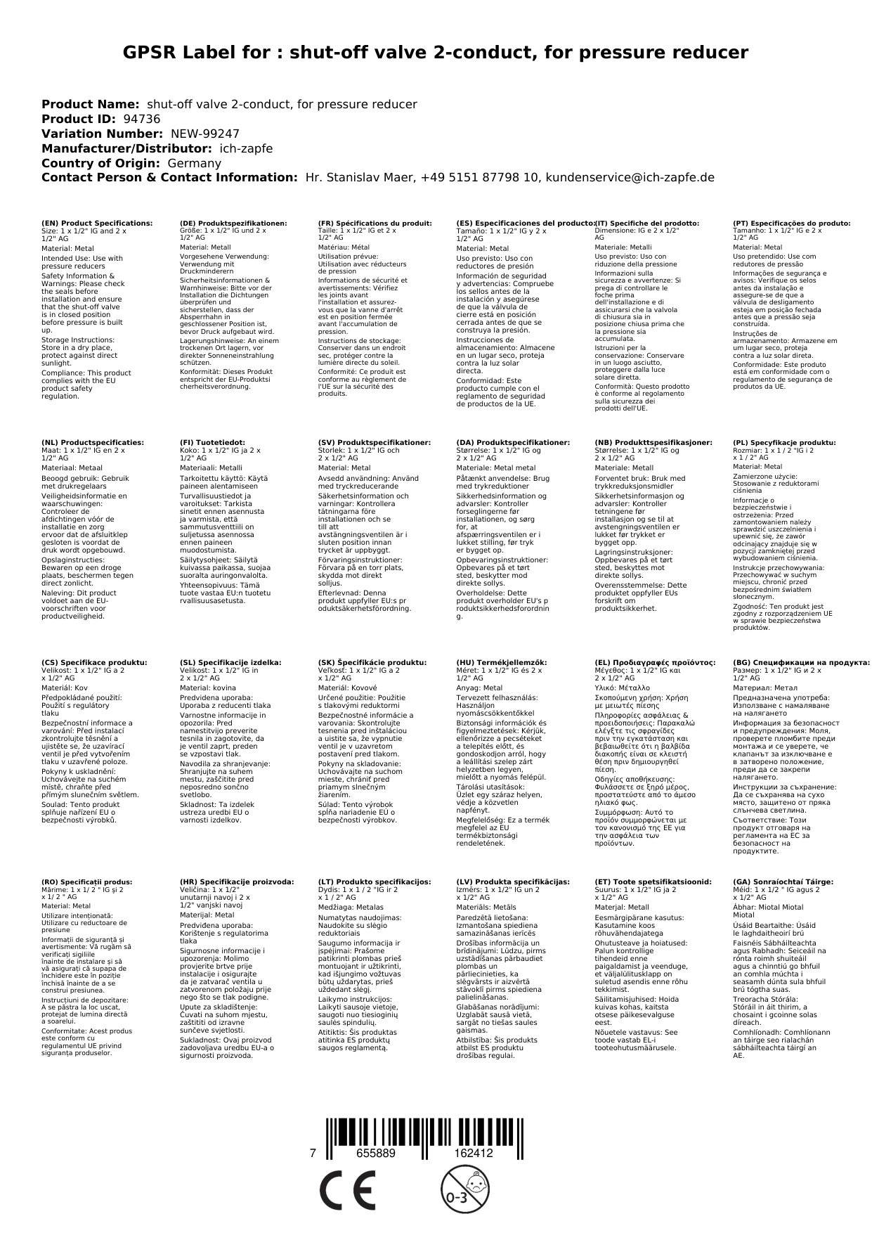 Absperrhahn, Absperrventil 2-leitig, für Druckminderer, Gewindegrößen: 1 x 1/2“ IG und 2 x 1/2“ AG