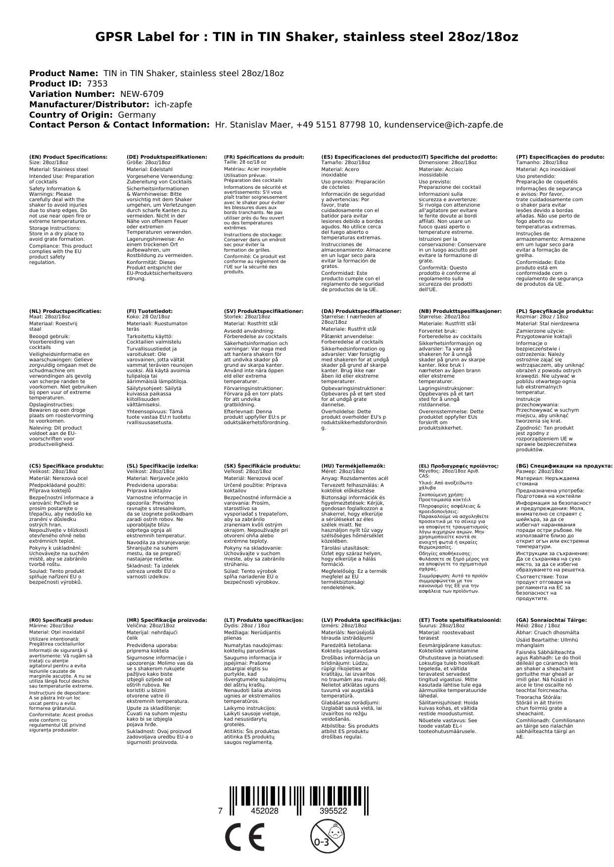 TIN in TIN Shaker, Edelstahl 28oz/18oz