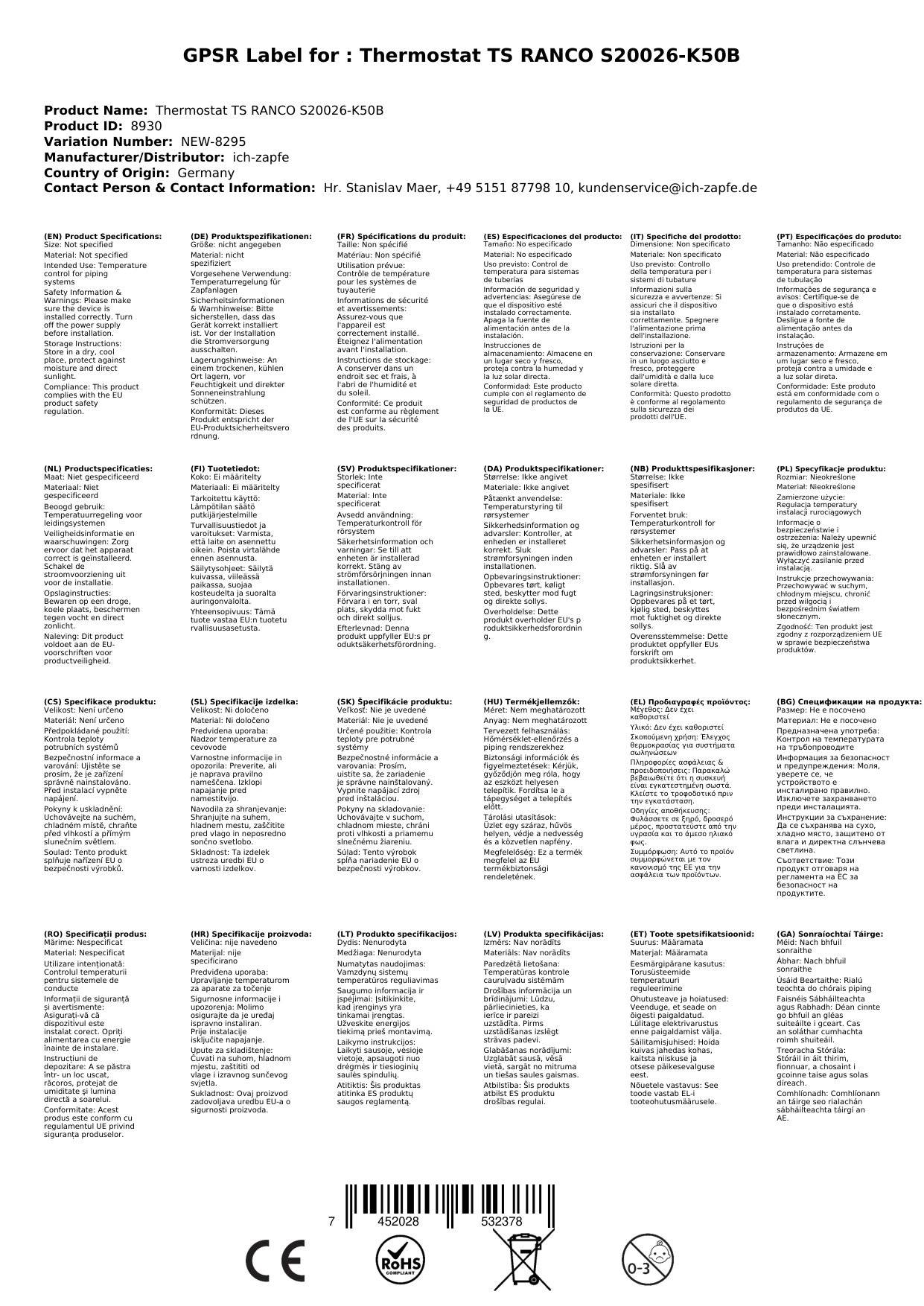Thermostat TS RANCO S20026-K50B