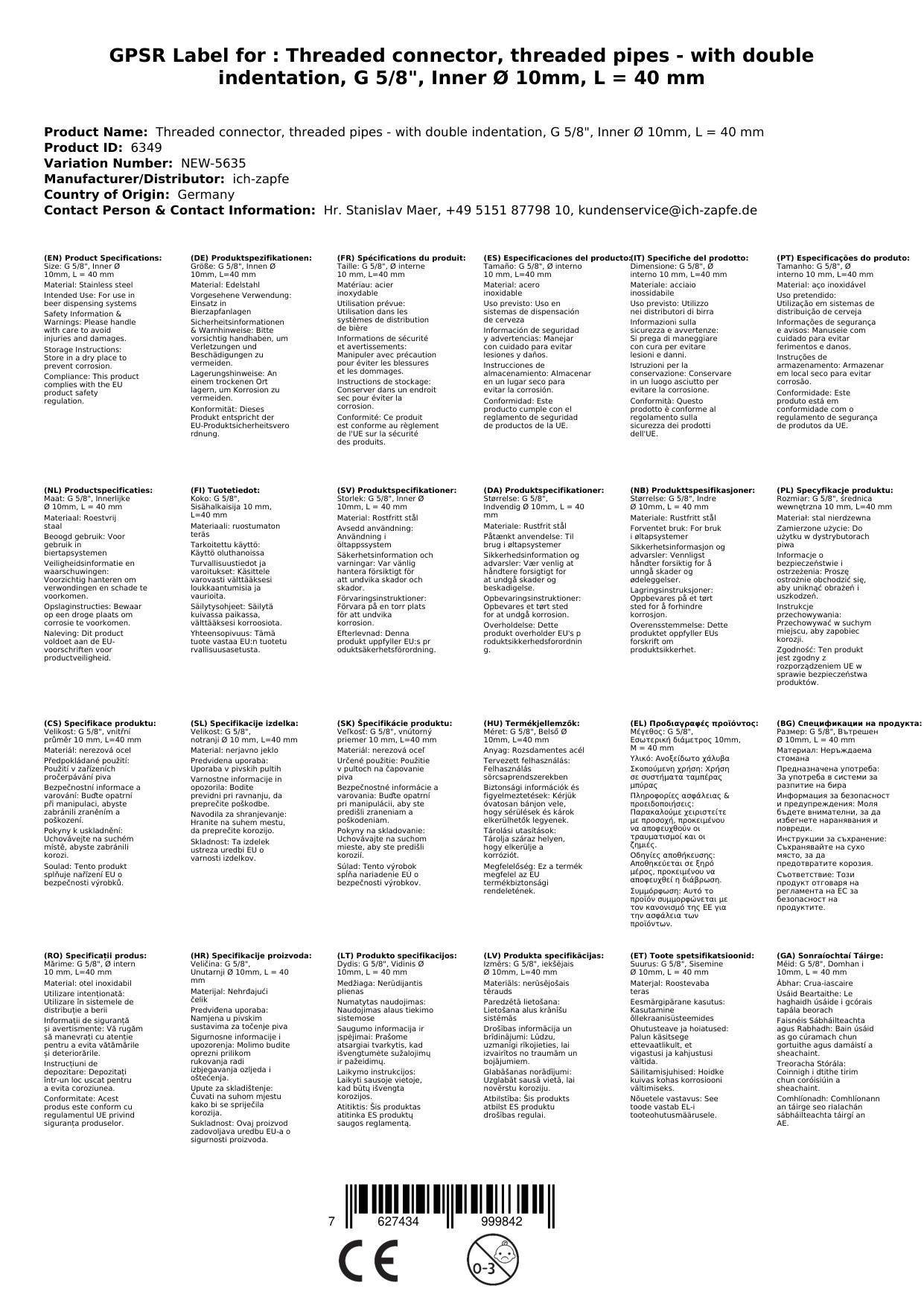 Gewindestutzen, Gewinderohre - mit beidseitigem Einstich, G 5/8“ , Innen Ø 10mm, L=40 mm, Edelstahl