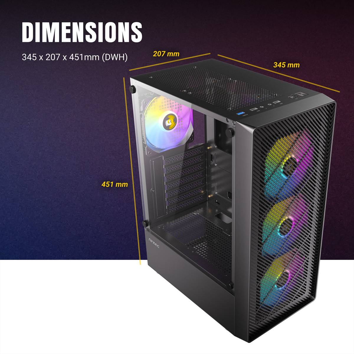 Computergehäuse mit RGB-Lüftern. Abmessungen: 345 mm Höhe, 207 mm Breite, 451 mm Tiefe.