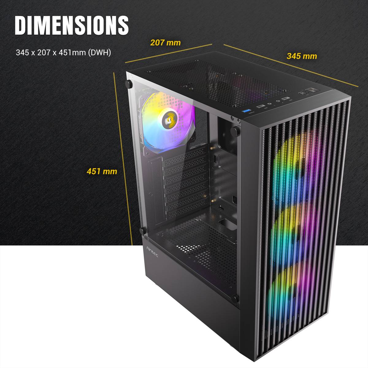 Gaming-PC-Gehäuse mit RGB-Beleuchtung, transparentem Seitenpanel und Abmessungen 345mm x 207mm x 451mm (BHT) hervorgehoben.