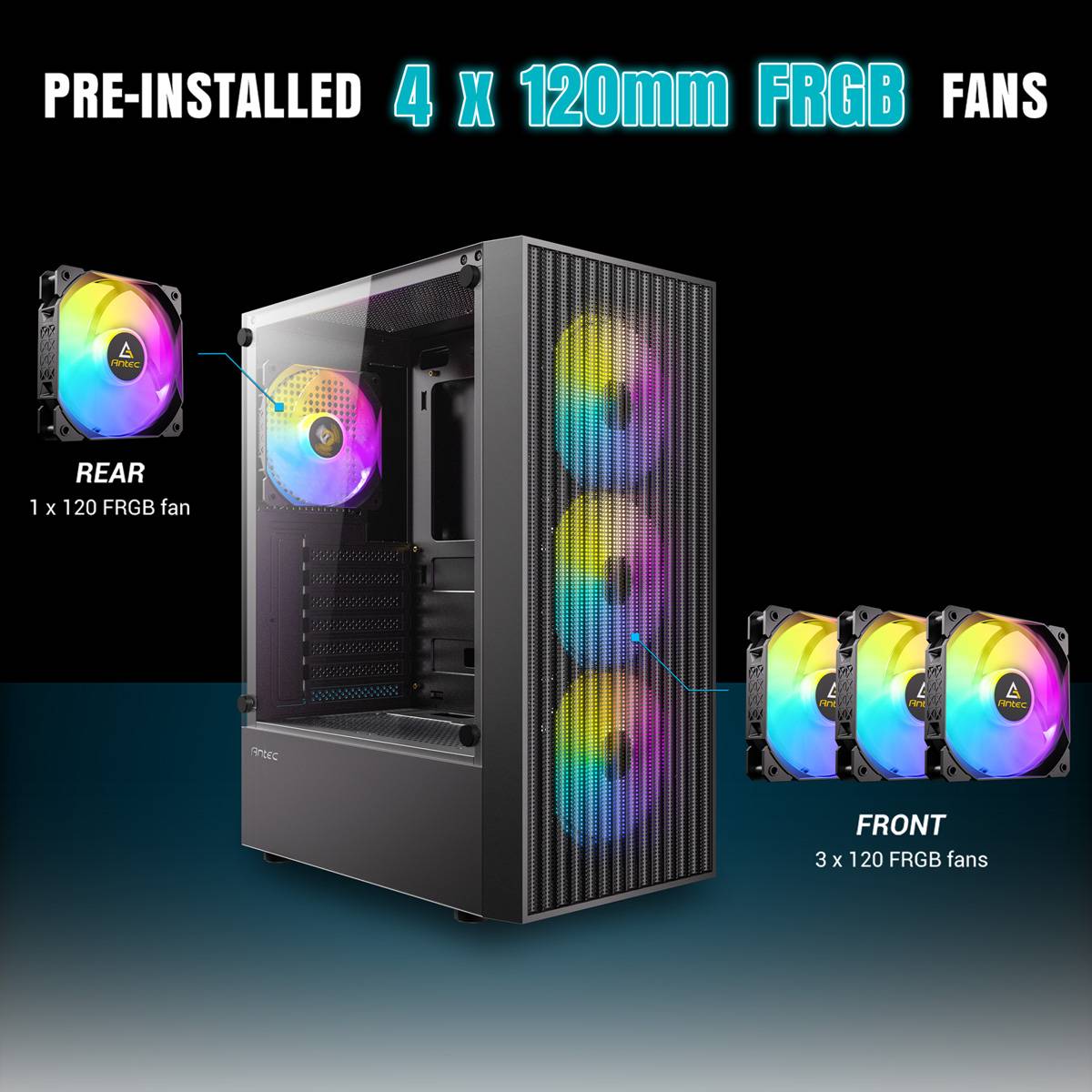 Ein Computergehäuse mit vorinstallierten 4 x 120-mm-FRGB-Lüftern, einer hinten und drei vorne, alle mit leuchtenden Farben beleuchtet.