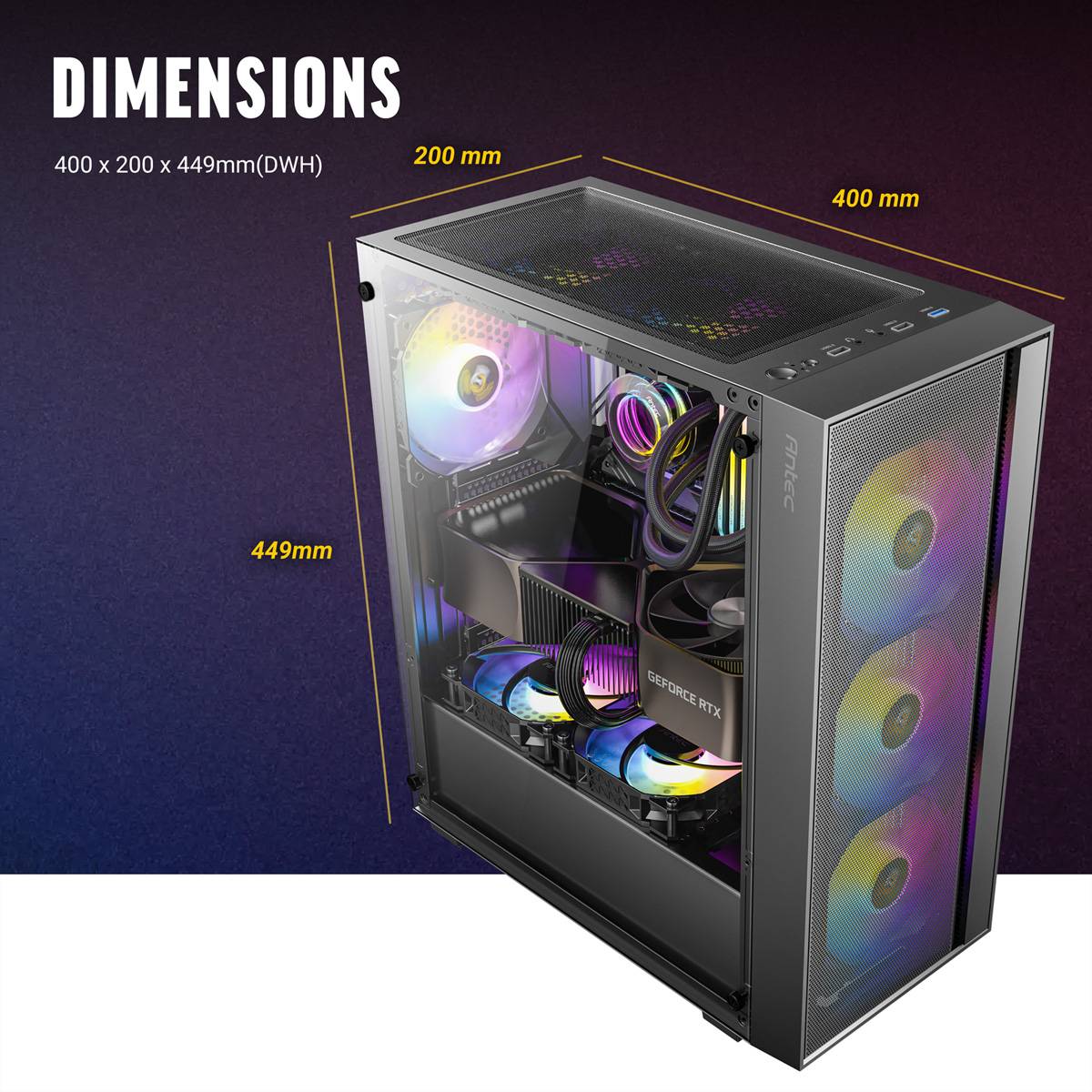 Das Bild zeigt ein Computergehäuse mit RGB-Beleuchtung und hebt seine Abmessungen hervor: 400 mm Höhe, 200 mm Breite und 449 mm Tiefe.