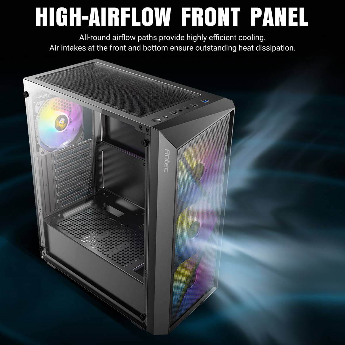 Ein Computergehäuse mit Mesh-Frontplatte für hohen Luftstrom, sichtbare RGB-Lüfter. Der Text hebt effiziente Kühlung und Wärmeableitung hervor.