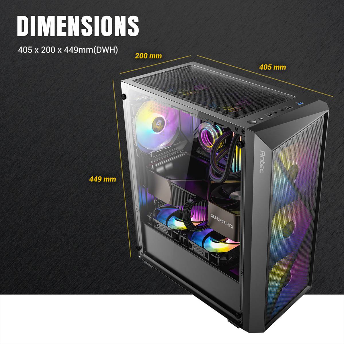 Antec-Gaming-PC-Gehäuse mit RGB-Beleuchtung, transparentem Seitenpanel und Abmessungen: 405 mm Höhe, 200 mm Breite, 449 mm Tiefe.