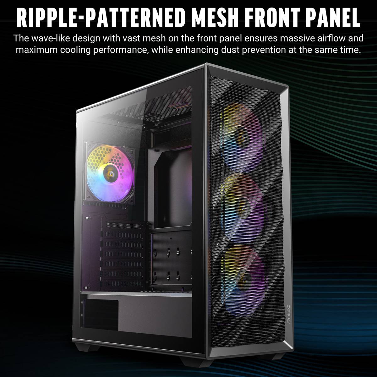 PC-Gehäuse mit gerippeltem Mesh-Frontpanel für verbesserte Luftzirkulation und Kühlung. Verfügt über RGB-Lüfter für ästhetische und funktionale Vorteile.