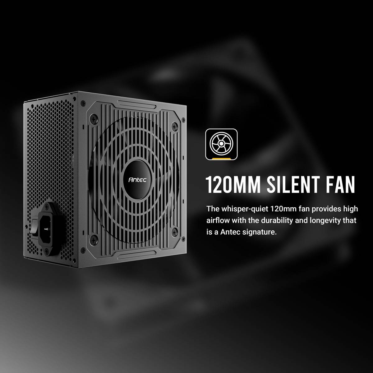 Ein großes schwarzes elektronisches Gerät mit einem Lüfter. Der Text liest sich „120mm Silent-Lüfter