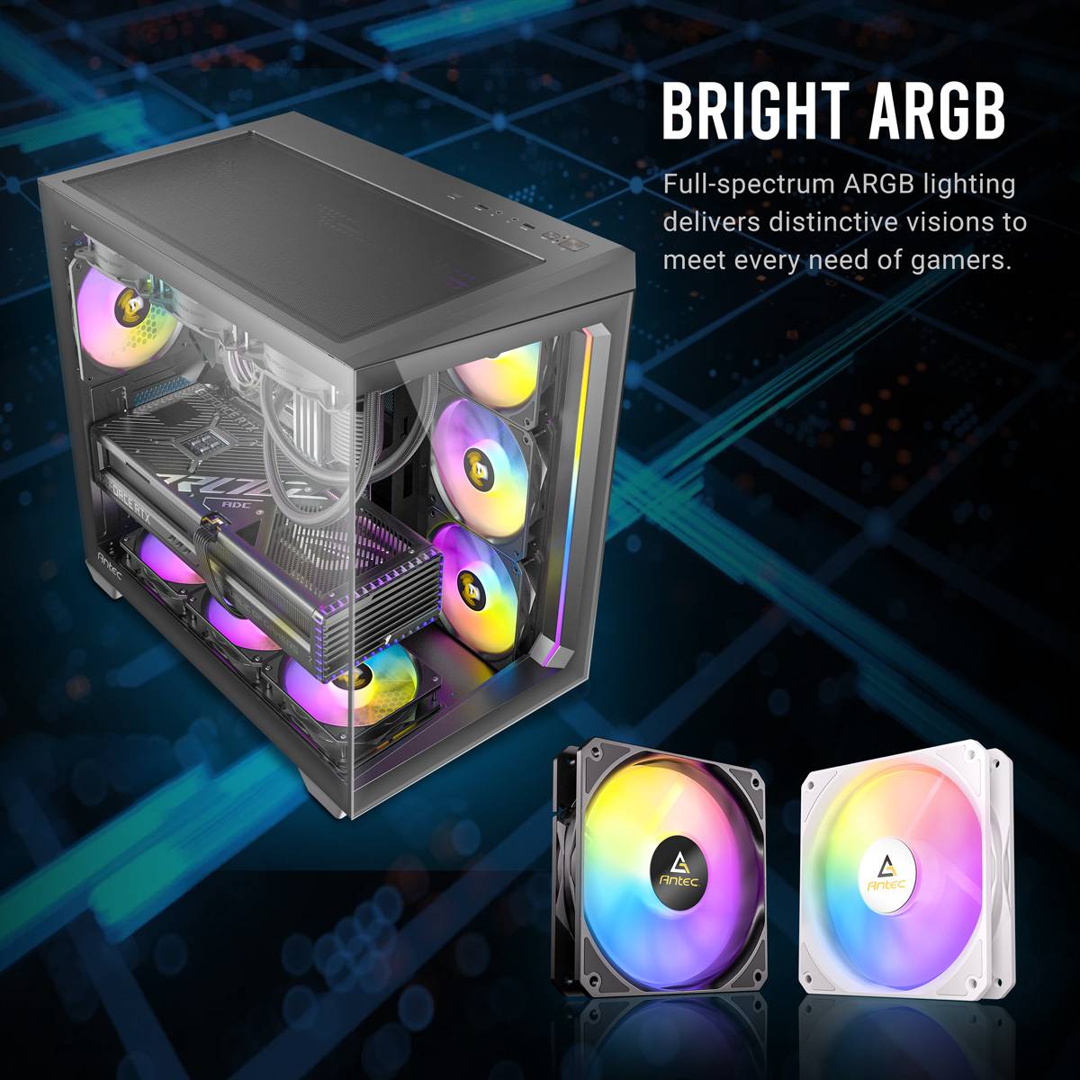 Ein Computergehäuse mit hellen ARGB-Lüftern wird angezeigt. Der Text lautet „Bright ARGB