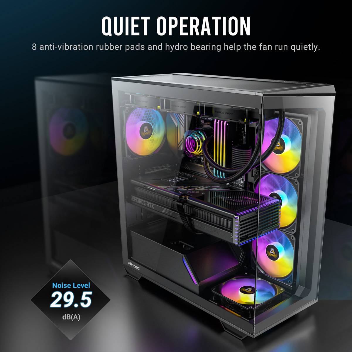 Ein Glascomputer-Gehäuse mit farbigen Kühlventilatoren; Text besagt 