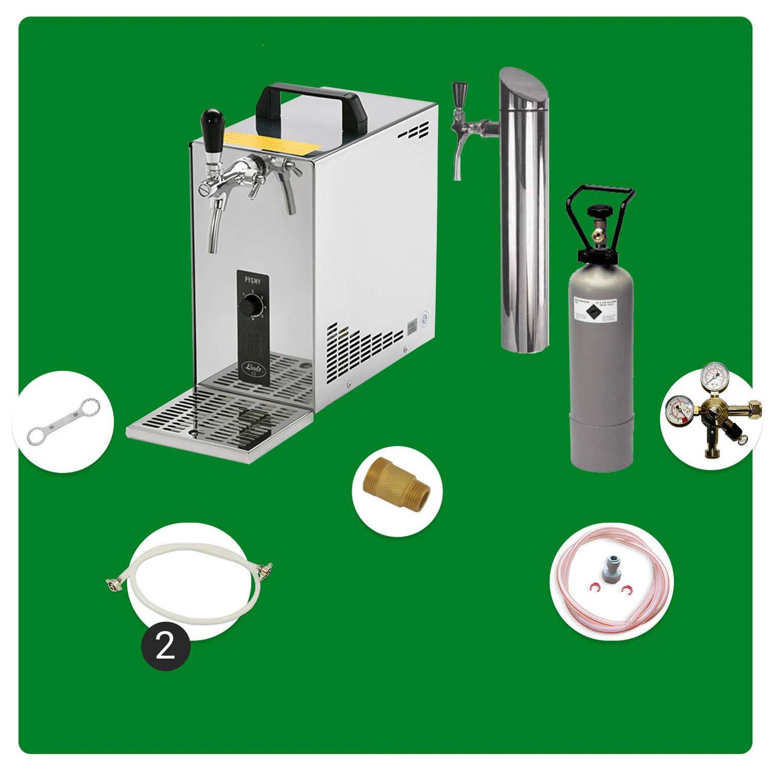 Untertheken Komplett Set - Zapfanlage, Bierzapfanlage, Bierkoffer, Durchlaufkühler PYGMY 25 1-leitig Trockenkühler, 35 Liter/h, inkl. Schanksäule