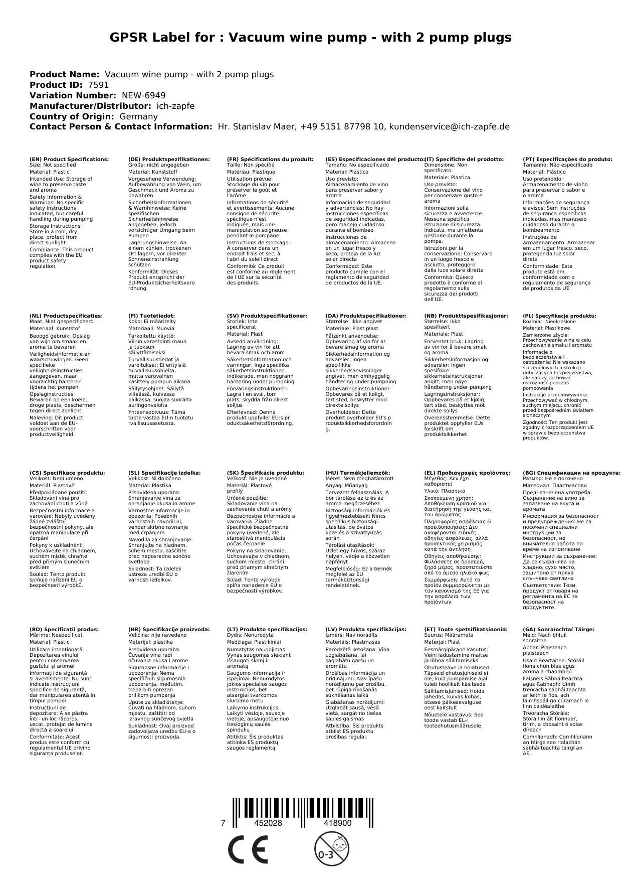 Vakuum weinpumpe - mit 2 Pumpstopfen