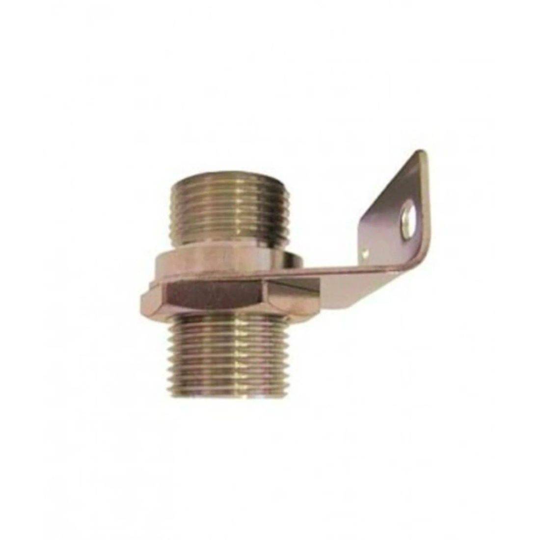 Ein Messing-Kabelstecker mit angeflanschter Metallhalterung zur sicheren Befestigung, entwickelt für Koaxialkabelinstallationen.
