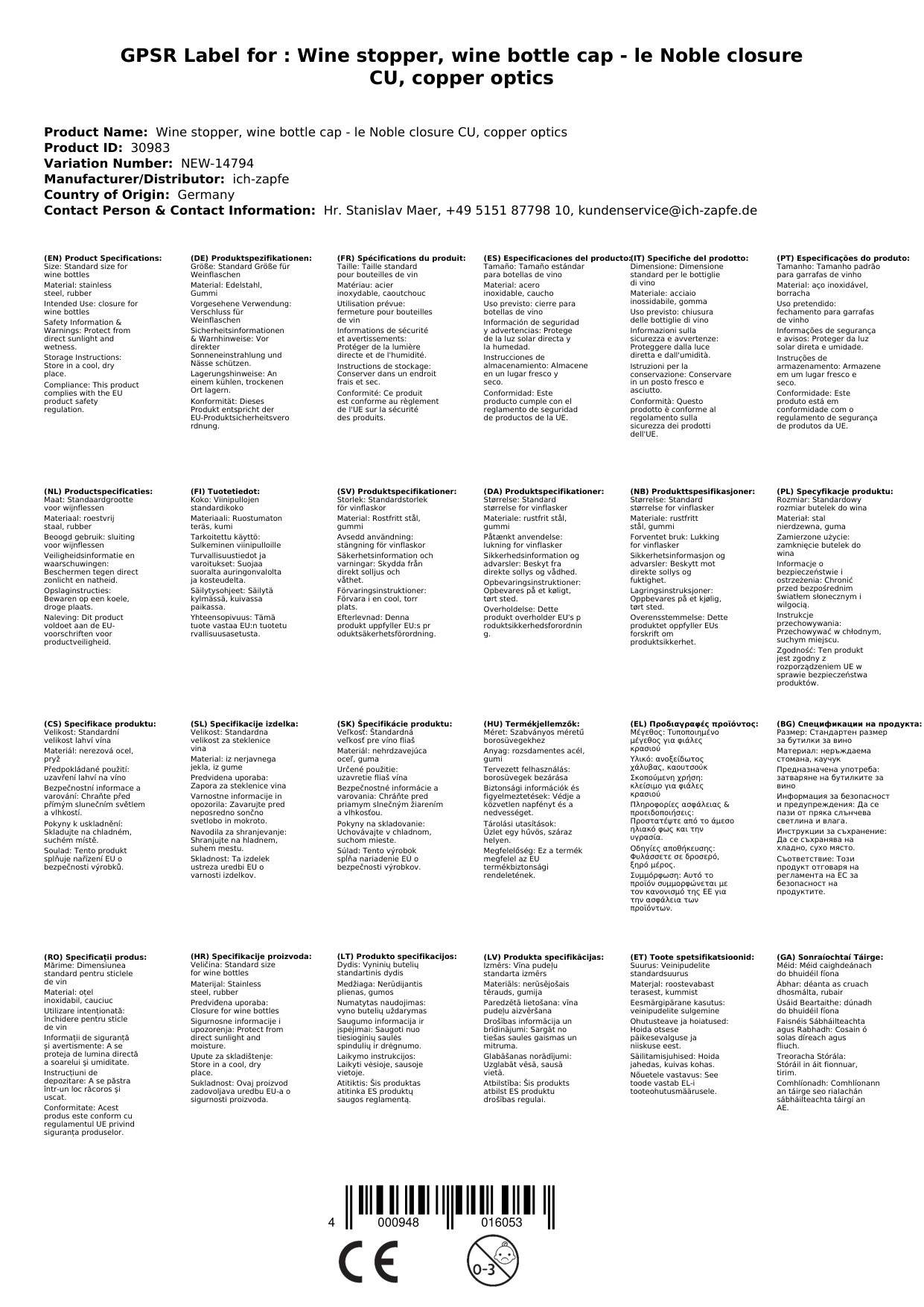 Weinstopfen, Weinflaschenverschluss - le Noble closure CU, Kupfer-Optik