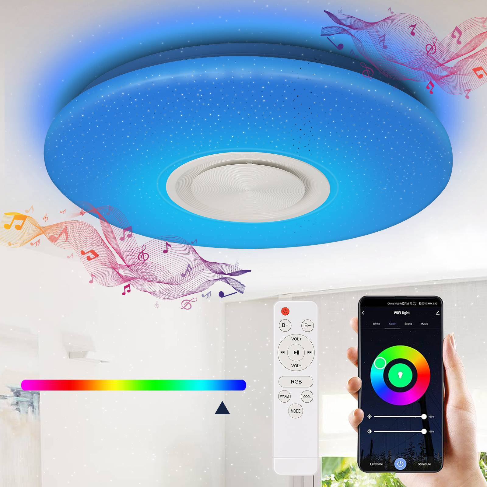36W LED-Deckenleuchte dimmbar mit Bluetooth-Lautsprecher und App-Steuerung, RGB-Farbwechsel, Sternenhimmel-Effekt, flaches Design, Fernbedienung