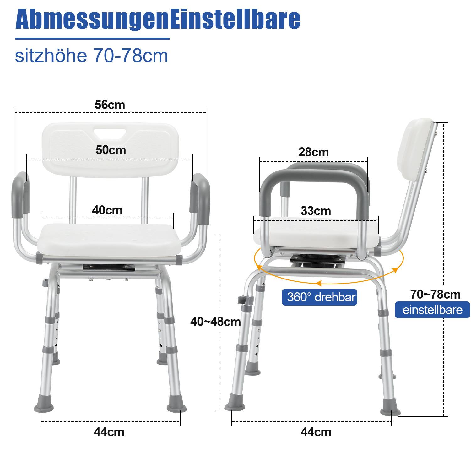 Duschstuhl mit Rückenlehne & Armlehne Duschhocker Höhenverstellbar Duschstuhl für senioren mit lehne 360-Grad-Drehung Badhocker