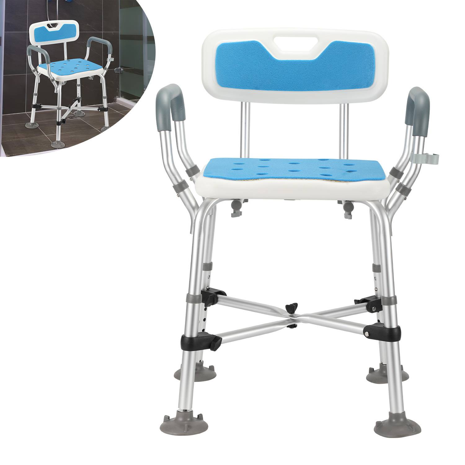 Duschstuhl mit Rückenlehne & Armlehne Duschhocker Höhenverstellbar Duschstuhl für senioren mit lehne Kreuzstrebe Badhocker