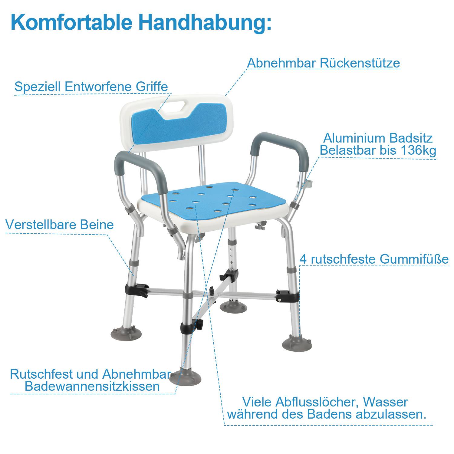 Duschstuhl mit Rückenlehne & Armlehne Duschhocker Höhenverstellbar Duschstuhl für senioren mit lehne Kreuzstrebe Badhocker