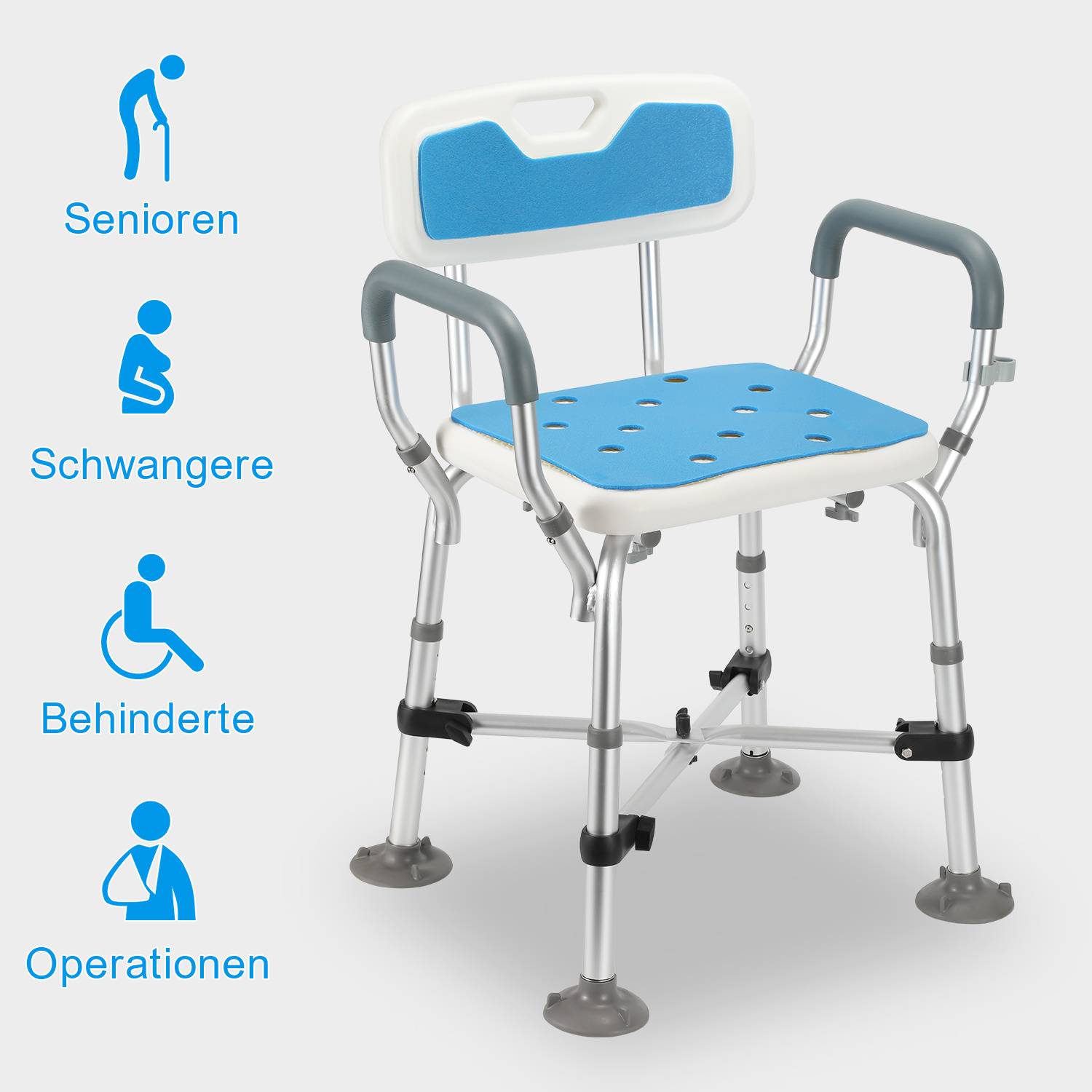 Duschstuhl mit Rückenlehne & Armlehne Duschhocker Höhenverstellbar Duschstuhl für senioren mit lehne Kreuzstrebe Badhocker