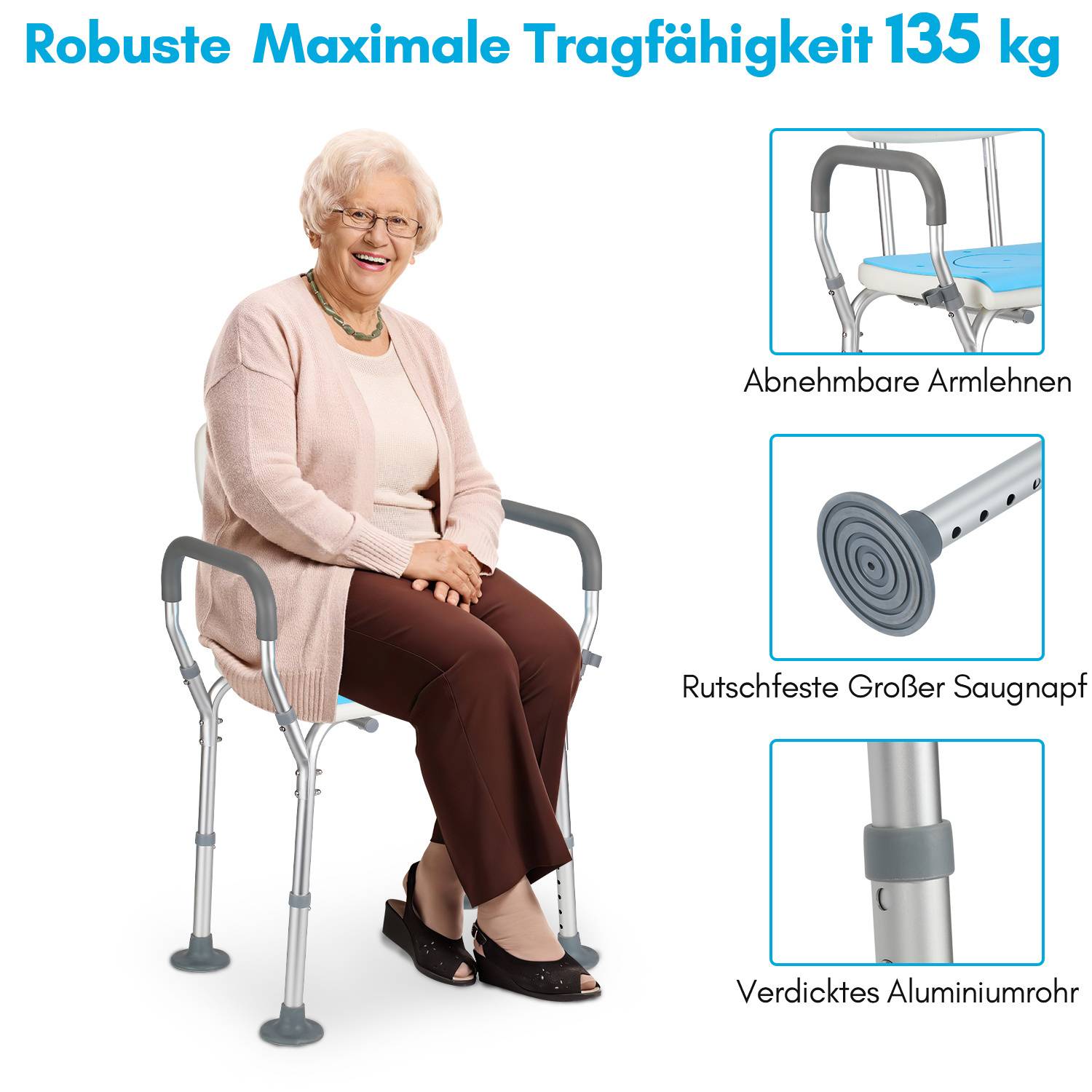 Duschstuhl mit Rückenlehne & Armlehne Duschhocker Höhenverstellbar Duschstuhl für senioren mit lehne Drei in einem Badhocker