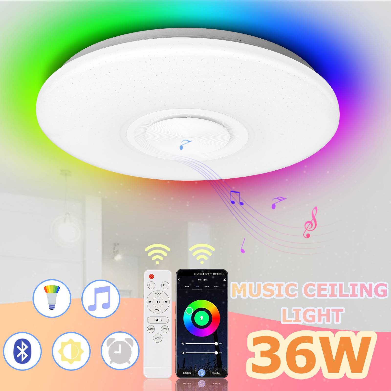 36W LED-Deckenleuchte dimmbar mit Bluetooth-Lautsprecher und App-Steuerung, RGB-Farbwechsel, Sternenhimmel-Effekt, flaches Design, Fernbedienung